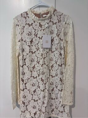 Wayf Cream Floral Lace High-Neck Mini Dress